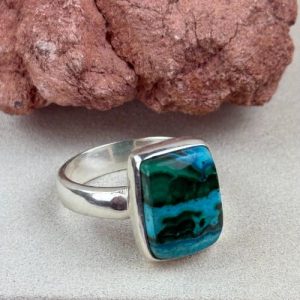 Malachiet-Chrysocolla ring - zware kwaliteit zilver en verstelbaar
